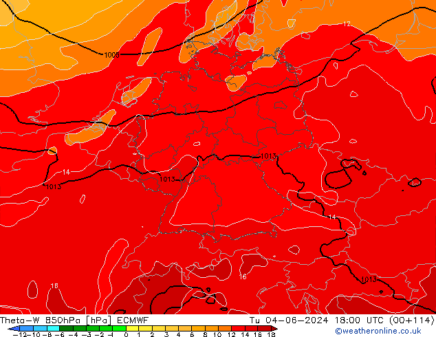 Theta-W 850hPa ECMWF Tu 04.06.2024 18 UTC