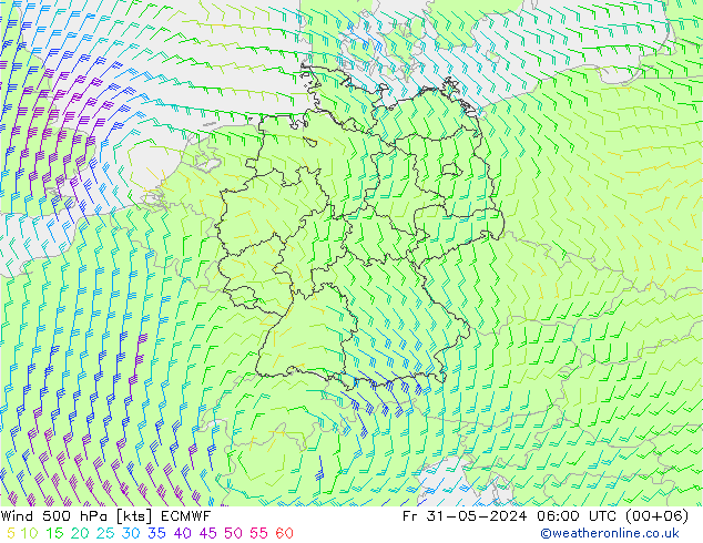 Wind 500 hPa ECMWF Fr 31.05.2024 06 UTC