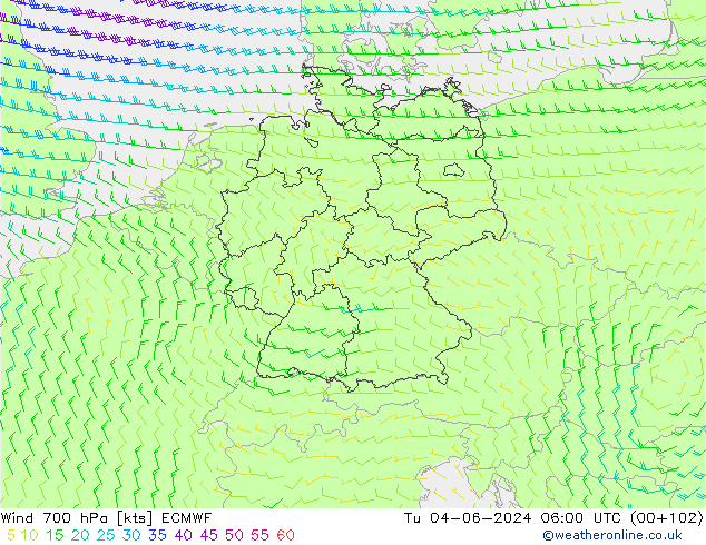 Wind 700 hPa ECMWF Tu 04.06.2024 06 UTC