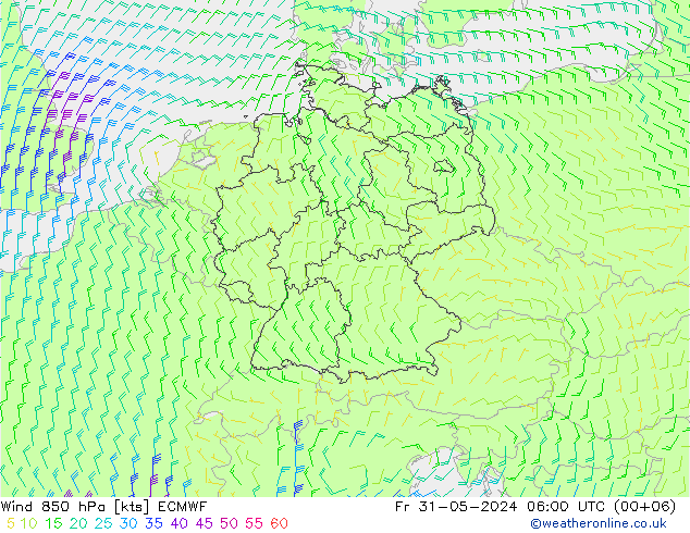 Vento 850 hPa ECMWF Sex 31.05.2024 06 UTC