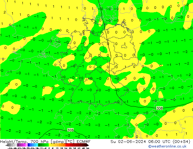 Height/Temp. 700 hPa ECMWF nie. 02.06.2024 06 UTC