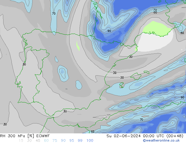 RH 300 hPa ECMWF Su 02.06.2024 00 UTC