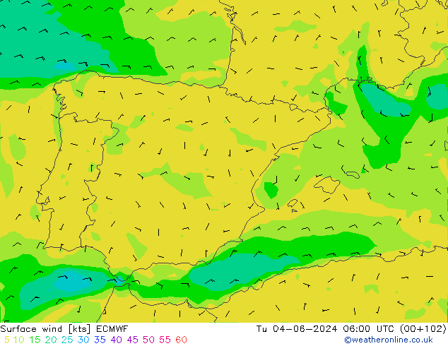 wiatr 10 m ECMWF wto. 04.06.2024 06 UTC