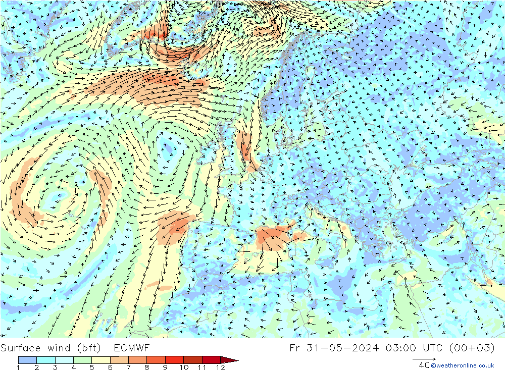 Bodenwind (bft) ECMWF Fr 31.05.2024 03 UTC