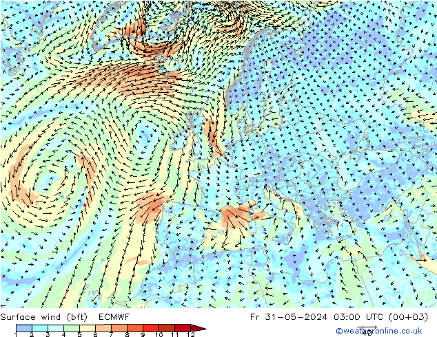 Bodenwind (bft) ECMWF Fr 31.05.2024 03 UTC