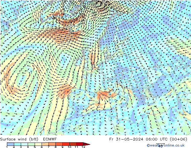 Bodenwind (bft) ECMWF Fr 31.05.2024 06 UTC