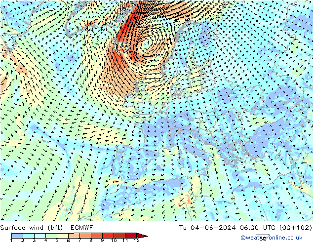 Bodenwind (bft) ECMWF Di 04.06.2024 06 UTC