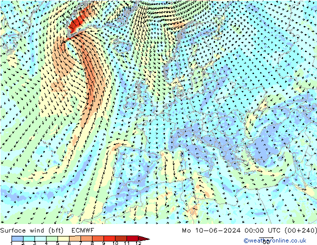 wiatr 10 m (bft) ECMWF pon. 10.06.2024 00 UTC