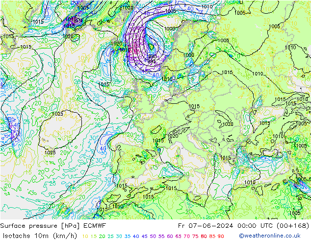 Isotachs (kph) ECMWF Fr 07.06.2024 00 UTC