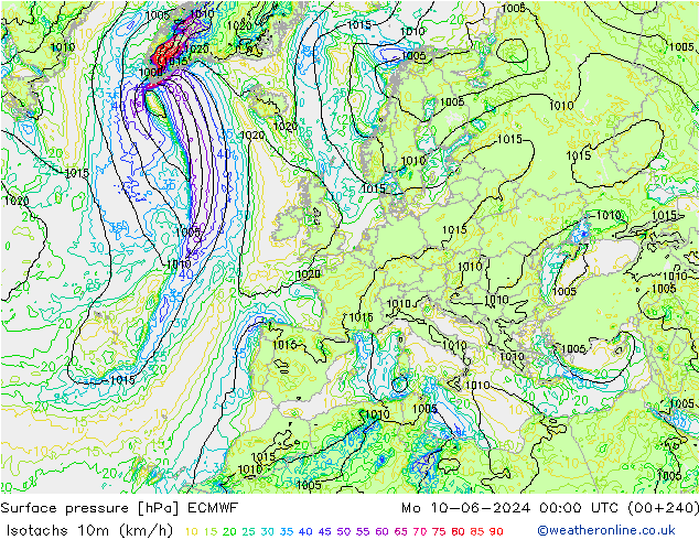 Isotachen (km/h) ECMWF Mo 10.06.2024 00 UTC