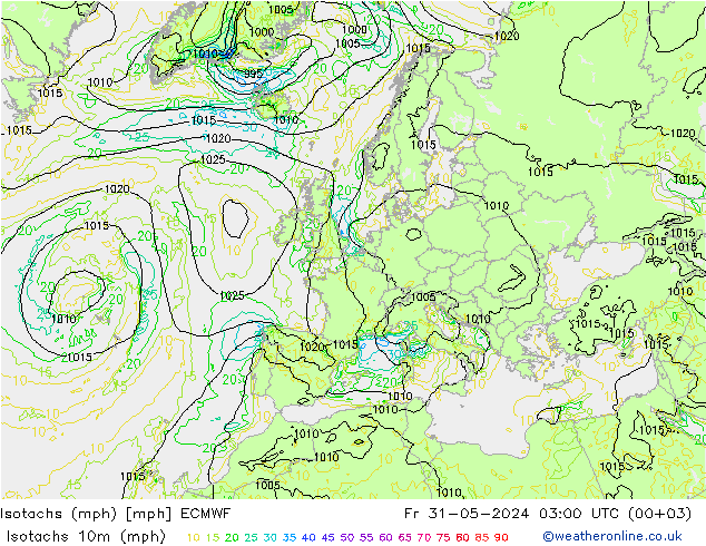 Isotachs (mph) ECMWF 星期五 31.05.2024 03 UTC