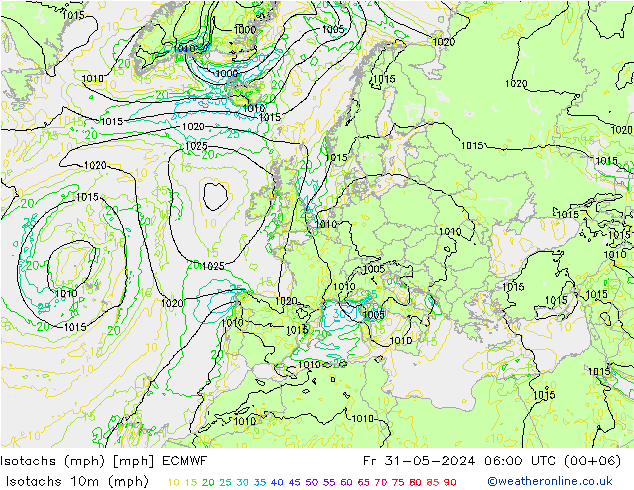 Isotachs (mph) ECMWF Fr 31.05.2024 06 UTC