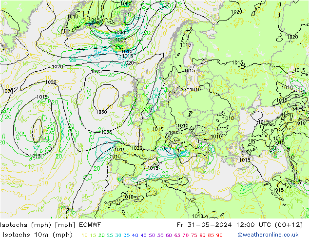 Isotachs (mph) ECMWF ven 31.05.2024 12 UTC