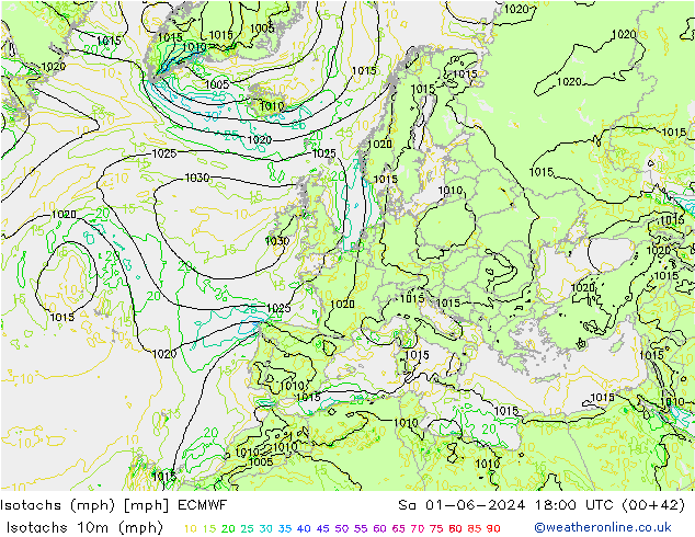 Isotachs (mph) ECMWF Sáb 01.06.2024 18 UTC
