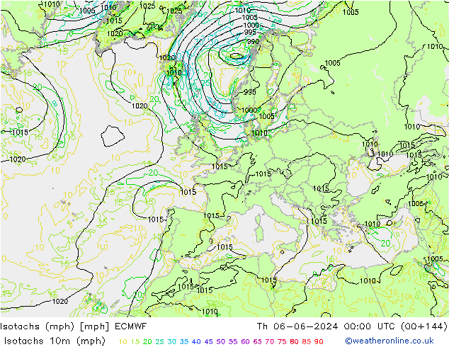 Isotaca (mph) ECMWF jue 06.06.2024 00 UTC