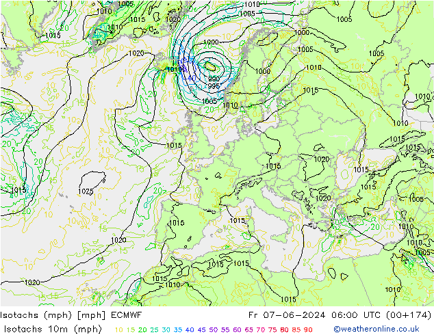 Isotachs (mph) ECMWF Fr 07.06.2024 06 UTC