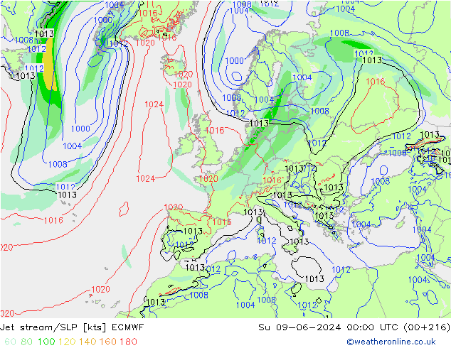 джет/приземное давление ECMWF Вс 09.06.2024 00 UTC