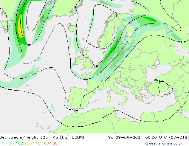 Jet stream/Height 300 hPa ECMWF Su 09.06.2024 00 UTC