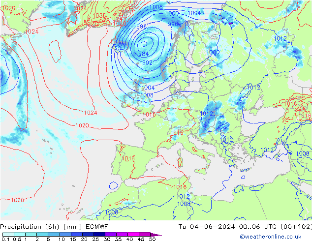 Precipitation (6h) ECMWF Tu 04.06.2024 06 UTC