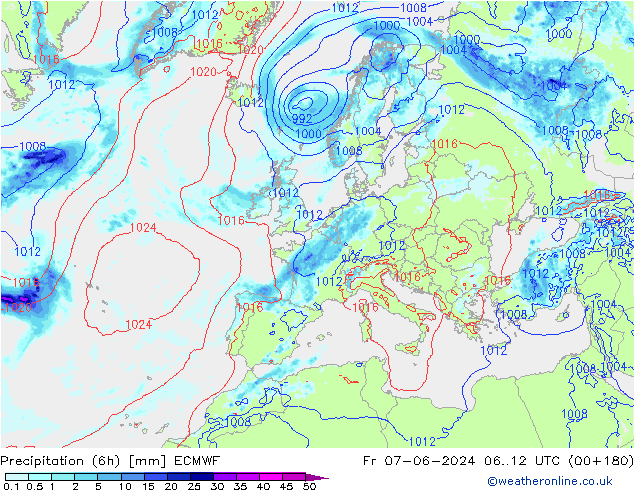 Z500/Rain (+SLP)/Z850 ECMWF Fr 07.06.2024 12 UTC