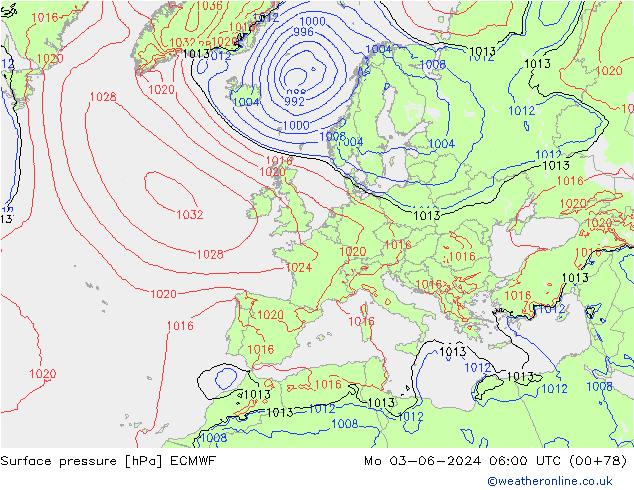 Surface pressure ECMWF Mo 03.06.2024 06 UTC