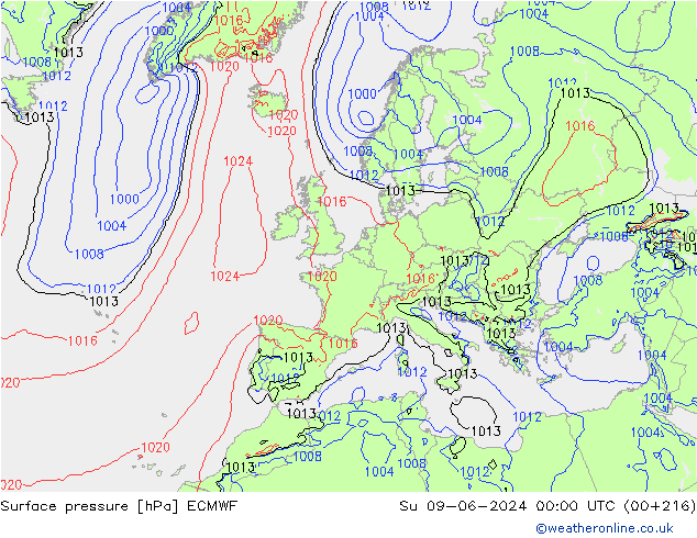 Surface pressure ECMWF Su 09.06.2024 00 UTC