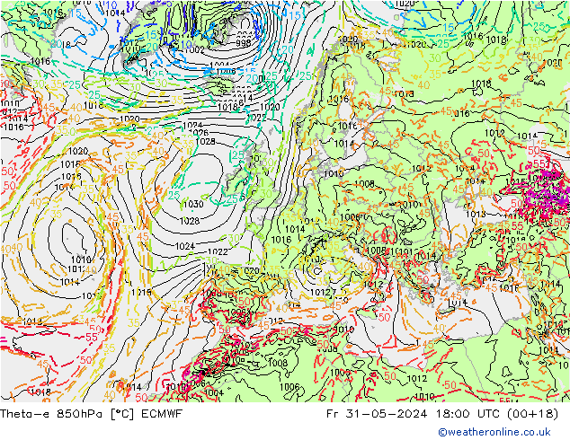 Theta-e 850hPa ECMWF ven 31.05.2024 18 UTC