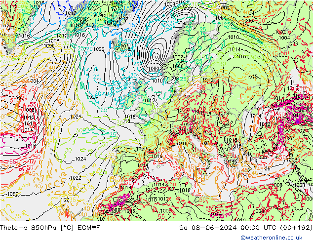 Theta-e 850hPa ECMWF sab 08.06.2024 00 UTC