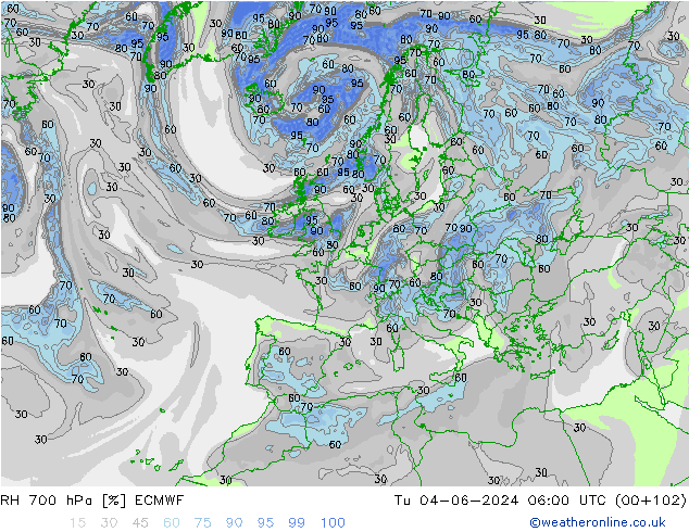 RH 700 hPa ECMWF Tu 04.06.2024 06 UTC