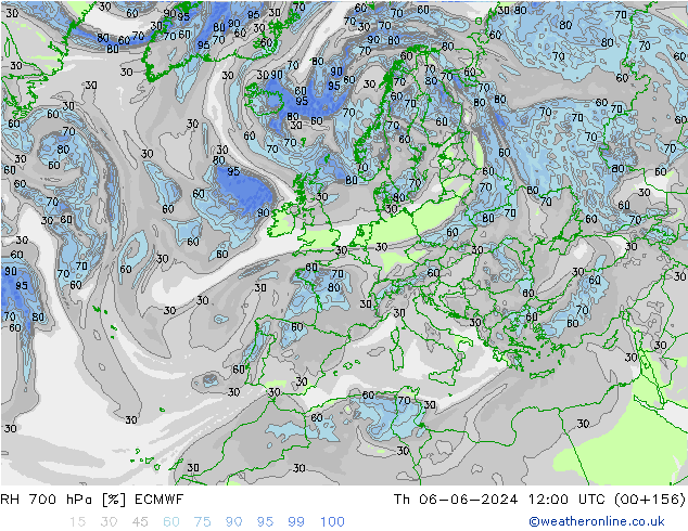 RH 700 hPa ECMWF czw. 06.06.2024 12 UTC