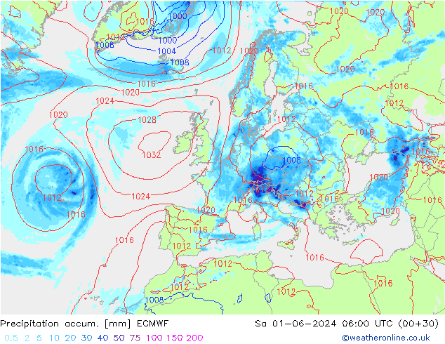 Precipitation accum. ECMWF So 01.06.2024 06 UTC