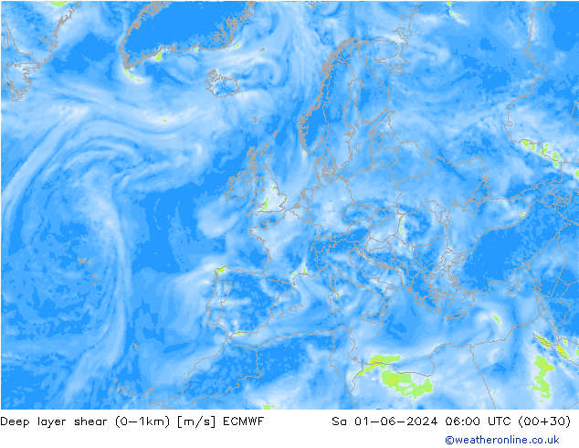 Deep layer shear (0-1km) ECMWF Sa 01.06.2024 06 UTC