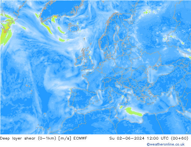 Deep layer shear (0-1km) ECMWF Su 02.06.2024 12 UTC