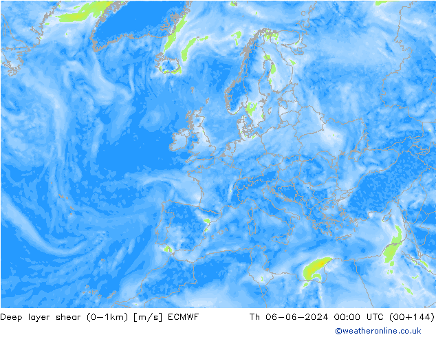 Deep layer shear (0-1km) ECMWF чт 06.06.2024 00 UTC