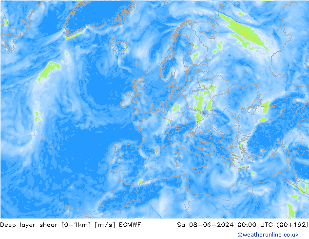 Deep layer shear (0-1km) ECMWF Sa 08.06.2024 00 UTC