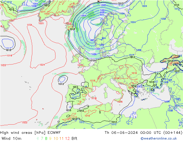 High wind areas ECMWF Čt 06.06.2024 00 UTC