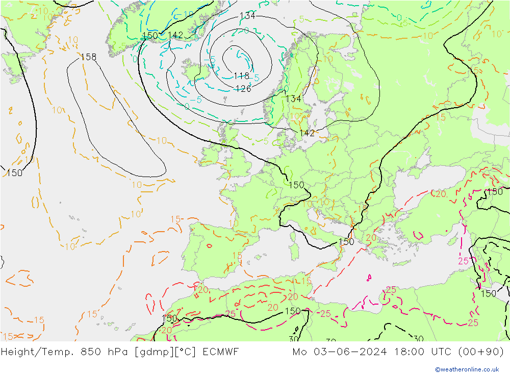 Height/Temp. 850 hPa ECMWF lun 03.06.2024 18 UTC