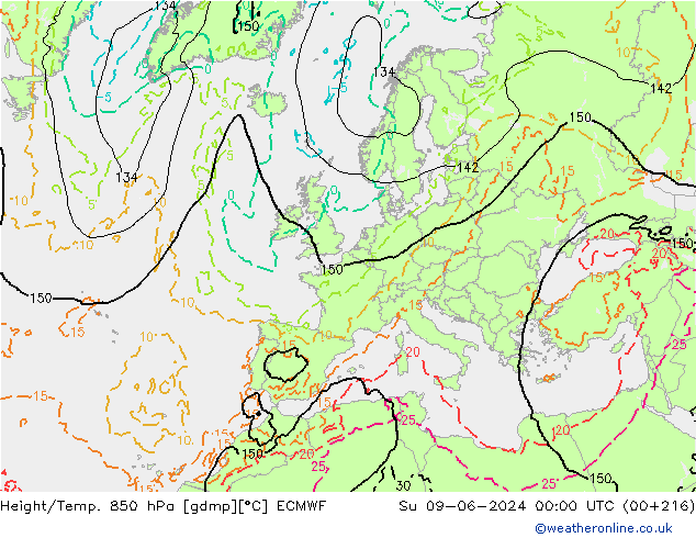 Height/Temp. 850 hPa ECMWF So 09.06.2024 00 UTC