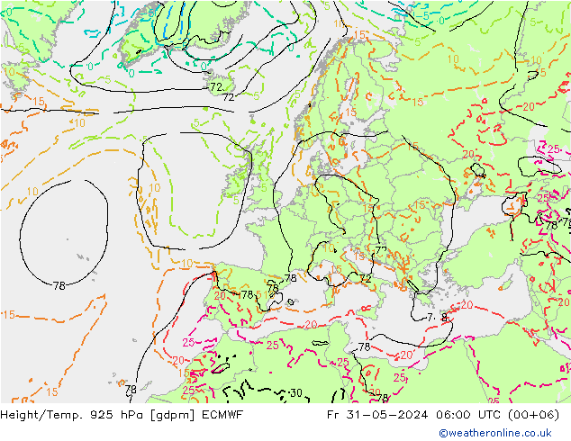 Height/Temp. 925 hPa ECMWF Fr 31.05.2024 06 UTC