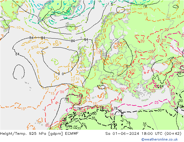 Height/Temp. 925 hPa ECMWF So 01.06.2024 18 UTC