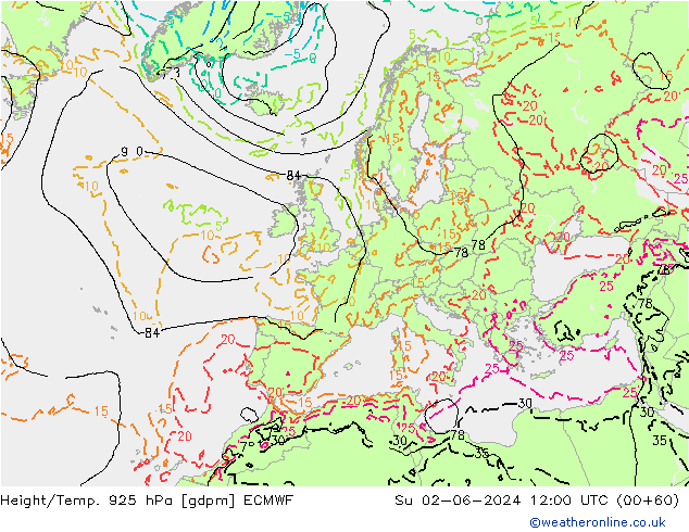Height/Temp. 925 hPa ECMWF Su 02.06.2024 12 UTC
