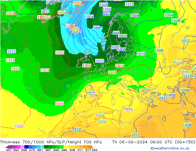 Thck 700-1000 гПа ECMWF чт 06.06.2024 06 UTC