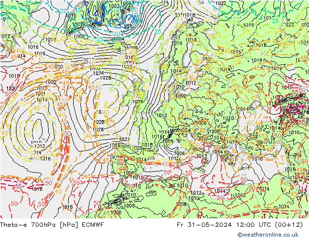 Theta-e 700hPa ECMWF vie 31.05.2024 12 UTC