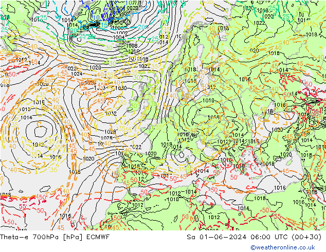 Theta-e 700гПа ECMWF сб 01.06.2024 06 UTC