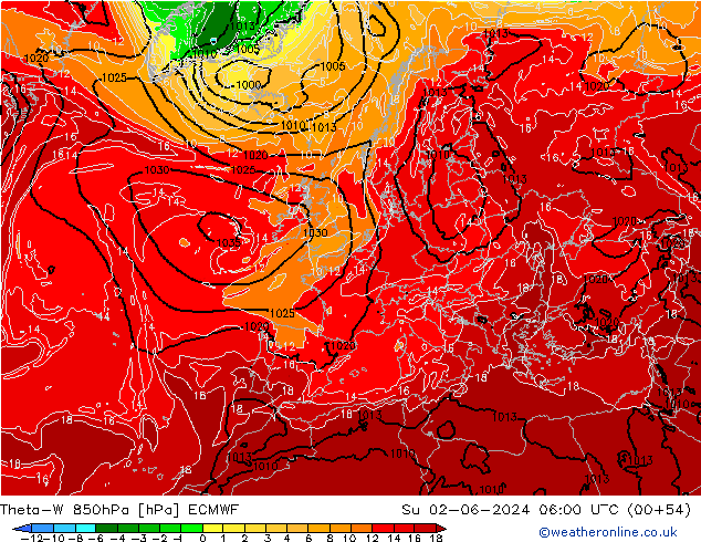 Theta-W 850hPa ECMWF Su 02.06.2024 06 UTC