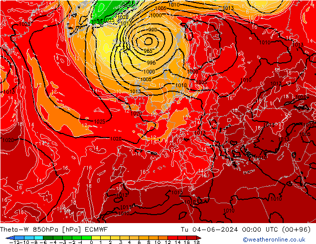 Theta-W 850hPa ECMWF Út 04.06.2024 00 UTC