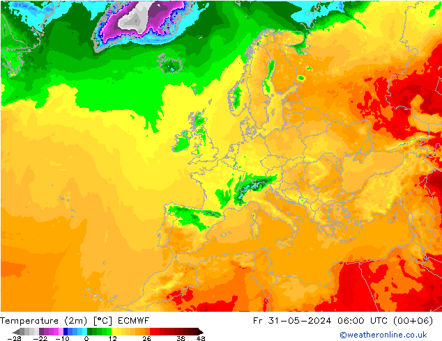 mapa temperatury (2m) ECMWF pt. 31.05.2024 06 UTC