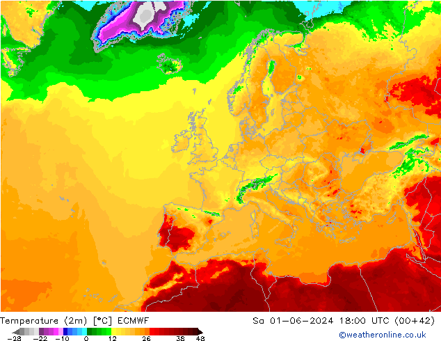 Temperature (2m) ECMWF So 01.06.2024 18 UTC