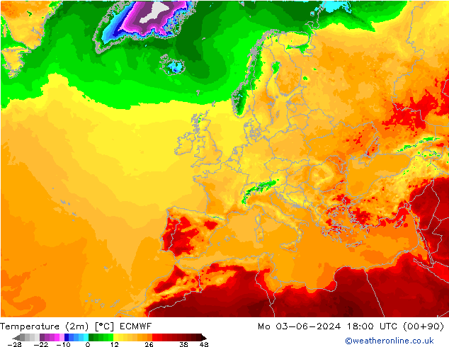 Temperatuurkaart (2m) ECMWF ma 03.06.2024 18 UTC