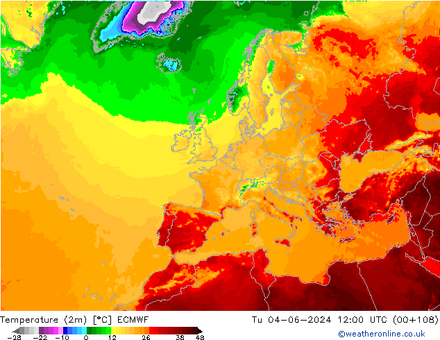 Temperature (2m) ECMWF Út 04.06.2024 12 UTC